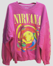 Nirvana Kurt Cobain Hot Pink Women Smiley Face Oversized Pullover Sweatshirt 2XL - $35.52