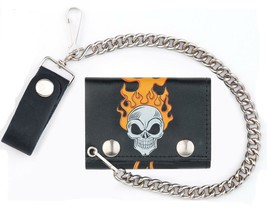 Skull Head Flames Trifold Biker Wallet W Chain Mens Leather #581 Fire Skulls New - £7.29 GBP