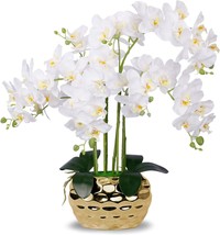 White Silk Orchids Faux Orchid Plant In Gold Pot Fake Flower Arrangement White - £61.15 GBP