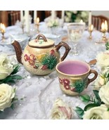 Antique Majolica Wild Rose Mini Teapot &amp; Teacup Victorian 19th Century U... - $92.65 CAD