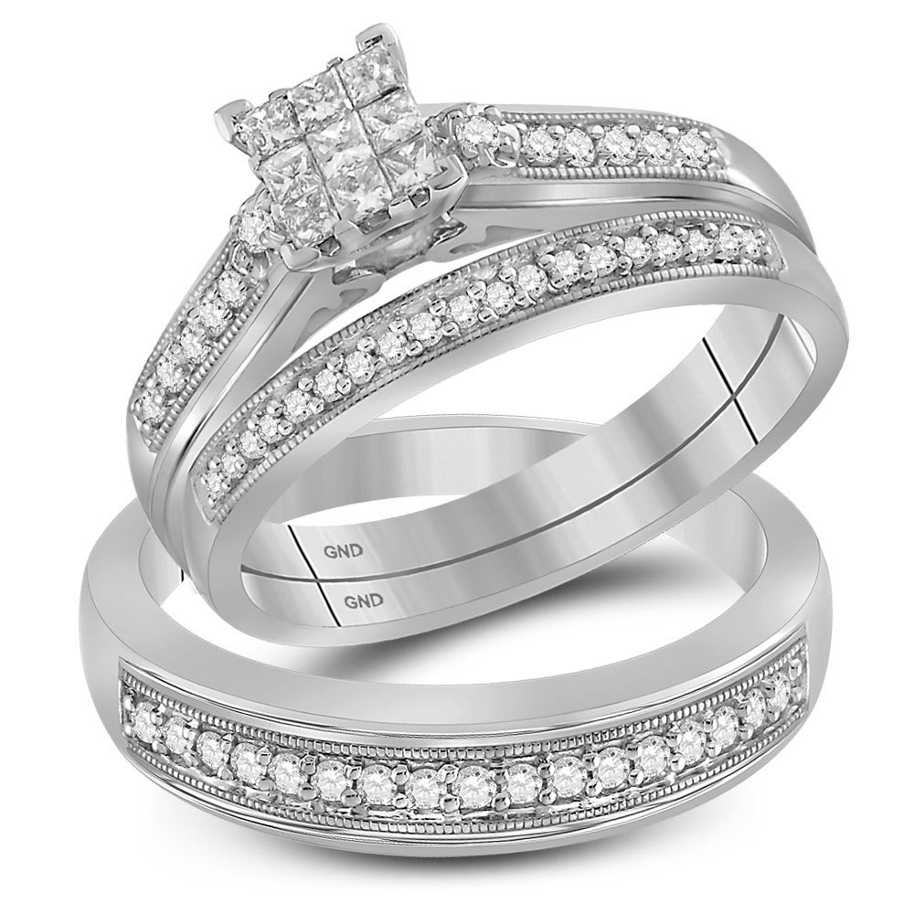 10k White Gold His Hers Princess Diamond Cluster Matching Bridal Wedding Set - $799.00