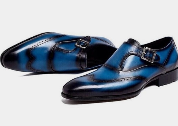 Mens Fine Blue Black Twotone Leather Oxfords Design Handmade Monk Strap Single