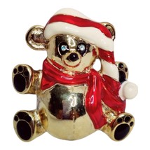 Gold Metal Plated Christmas Teddy Bear Brooch Pin Wearing Santa Hat &amp; Scarf - $6.92