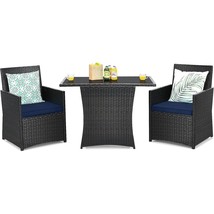 3-Piece Patio Furniture Outdoor Dining Set Brown PE Rattan Navy Blue Cus... - $7,328.61 MXN