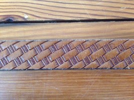 Vintage Brown Basket Weave Handtooled Leather Belt Removable Buckle 34 35&quot; - £29.09 GBP