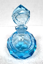 Vintage Bight Blue Turquoise Cut Glass Perfume Scent Bottle 3 3/4 Inch Tall - $32.18