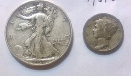 1937 Walking Liberty Half Dollar &amp; 1937S Liberty Dime, circ 90% Silver N... - $29.70