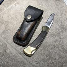 VTG. BUCK FOLDING POCKET KNIFE in LEATHER SHEATH  112X BLADE USA - £64.88 GBP