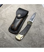 VTG. BUCK FOLDING POCKET KNIFE in LEATHER SHEATH  112X BLADE USA - £65.40 GBP