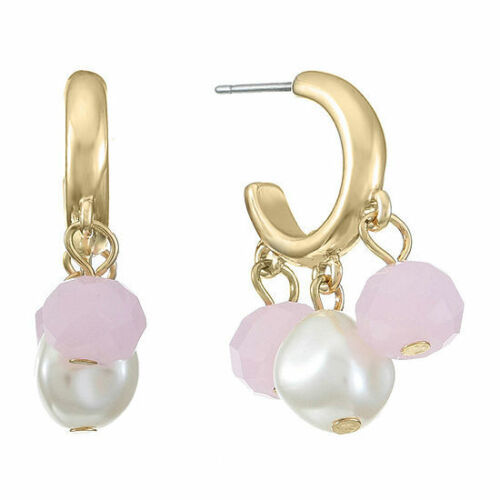 Liz Claiborne Women's Pink & White Round Bead Hoop Earrings Gold Tone New - $14.23