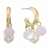 Liz Claiborne Women&#39;s Pink &amp; White Round Bead Hoop Earrings Gold Tone New - £11.11 GBP