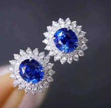 14k White Gold Plated Silver 4Ct  Simulated Blue Sapphire Halo Stud Earrings - £87.78 GBP