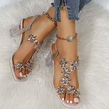 Crystal Flower Decoration Chunky Heel Peep Toe Back Strap Sandals - £21.90 GBP