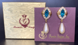 Premier Designs Jewelry Green Rhinestone Faux Pearl Large Earrings SKU PD7 - £19.57 GBP