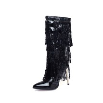 Glitter Sequin Silver Fringe Kneehigh Boots Women Blingbling Tassel Zipper Boot  - £79.50 GBP