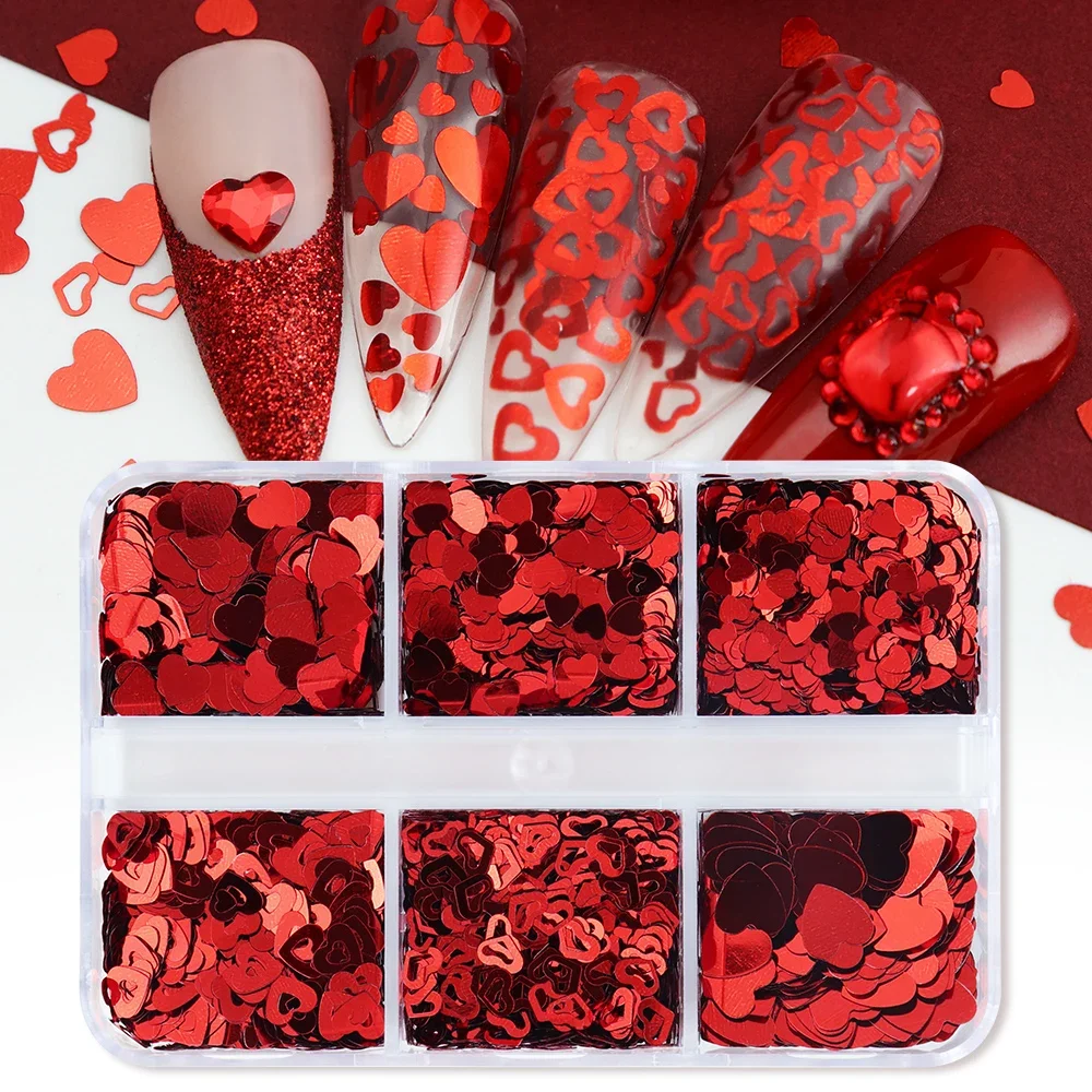 6 Grids Red Love Heart Valentine&#39;s Nail Art Sequins Decoration DIY Flake... - £7.10 GBP+