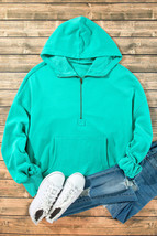 Aruba Blue Fleece Lined Half Zipper Kangaroo Pockets Loose Hoodie - $46.99