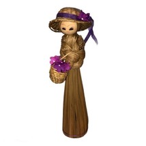Vintage Staw Wicker Kokeshi Doll with Purple Silk Flowers, 8” Inch Doll - $12.13