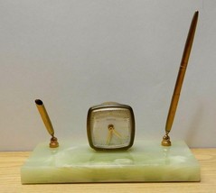 Green marble vintage dbl pen stand Scottco clock 1 pen paperweight West Germany - £18.39 GBP