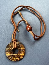 Brown Silk Cord w Carved Coconut Shell Round Pendant Necklace – cord is 19 inche - £7.09 GBP