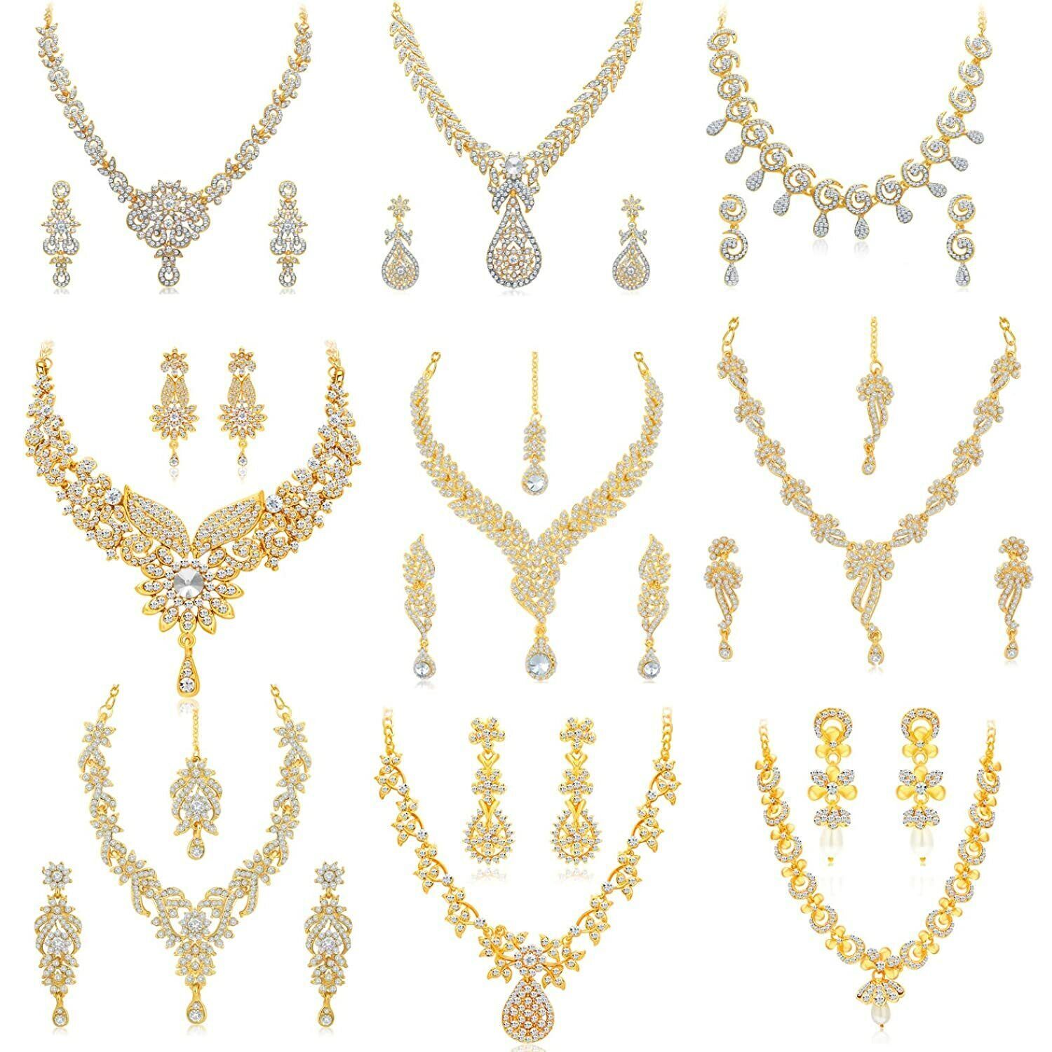 9 X Indian Bollywood Gold Plated Wedding Jewellery Austrian Diamond Necklace Set - $59.38