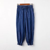 Dark Blue Denim CROP PANTS Drawstring Elastic Waisted Crop HAREM PANTS Trousers