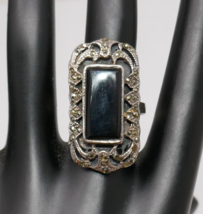 Sterling Silver 925 Black Onyx Marcasite Cocktail Elongated Ring Size 7.5 - £39.83 GBP