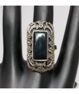 Sterling Silver 925 Black Onyx Marcasite Cocktail Elongated Ring Size 7.5 - €43,11 EUR
