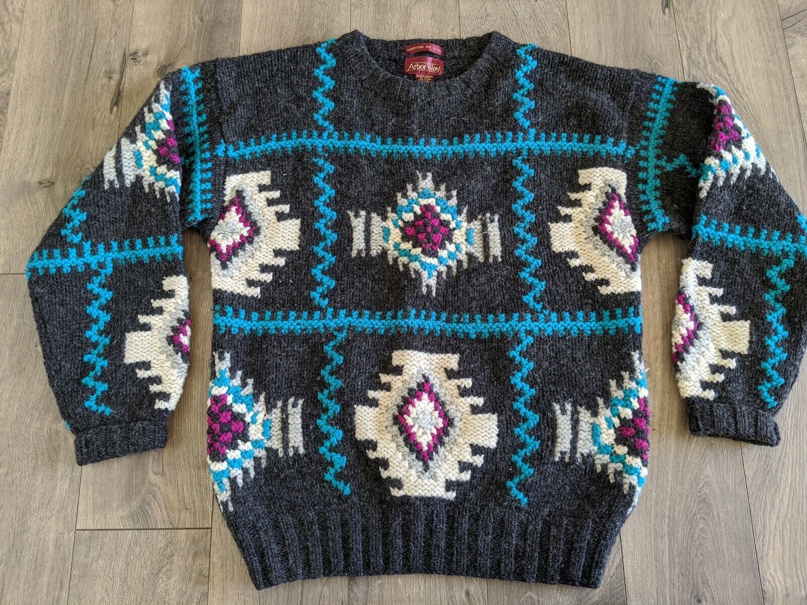 Primary image for Arbor Way Wool Sweater Large knitted by hand black Aztec print EUC X12