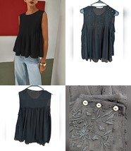 Zara M Embroidered Boho Swiss Dot Sleeveless Babydoll Top Blouse Black S... - $28.66