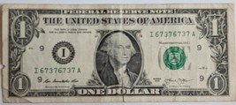 US$1 Fancy Serial Banknote 2013 Repeater 67376737 - £8.75 GBP