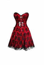 Red Satin &amp; Black Net Overlay Gothic Burlesque Overbust Corset Dress - £65.28 GBP