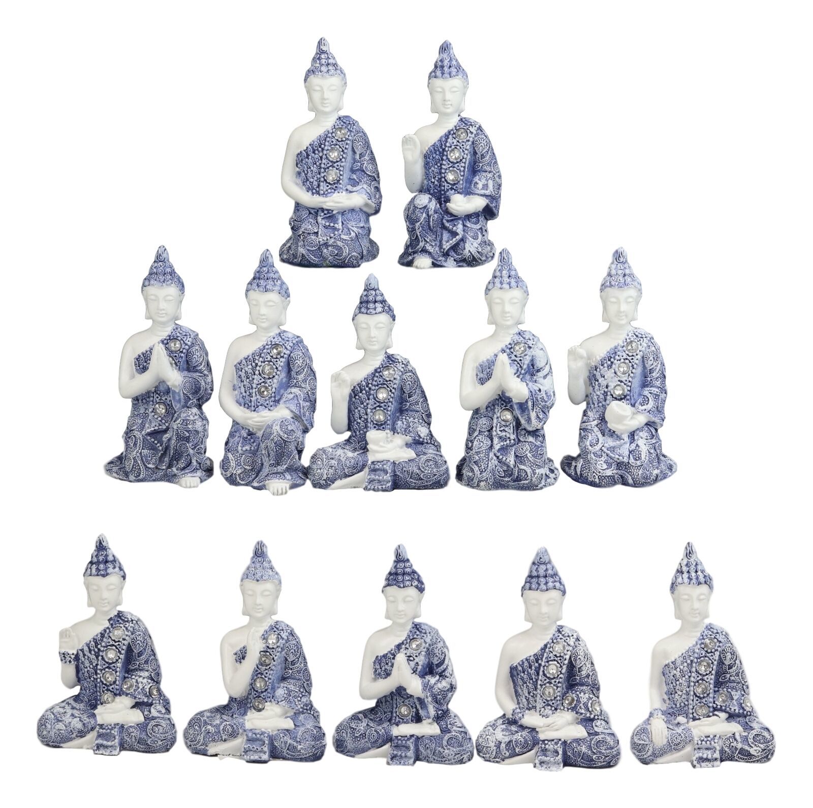 Blue White Miniature Meditating Buddha Amitabha Mudra Poses Figurine Set of 12
