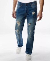 Lazer Men&#39;s Straight-Fit Distressed Stretch Jeans in Dylan Blue-30/32 - £19.90 GBP