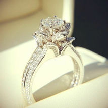 14k White Gold Over 1.25ct Round Cut Diamond Lotus Engagement Wedding Ring - £65.23 GBP