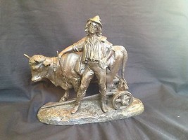 Antique Grand Samac en Alliage Métal Figurine : Homme Avec Eau Buffalo - $159.00