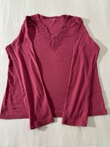 St Johns Bay Women&#39;s Red Cotton Embroidered V-Neck Long Sleeve Blouse To... - $18.80