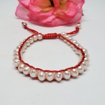 Natural  Freshwater Pearl Bead Red Sliding Cord Bracelet - £15.69 GBP