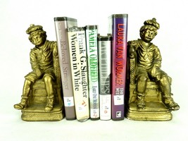 Vintage Chalkware Bookends, Sailor Suit Boy On Chair With Dog, Gold Tone Painted - £19.48 GBP