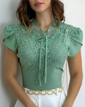 Chic Green Round Neck Lace-Up Lace Short Sleeves Blouse - £30.33 GBP