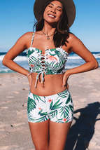 Green Tropical Print Lace-up Ruffled Spaghetti Strap Bikini Set - £26.09 GBP