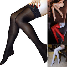Women Oil Shiny Glossy High Stockings Lace Top Stay Up Hosiery Thigh-Highs Socks - £7.52 GBP