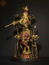 24&quot; Lord Krishna Standing on Wooden Base| Brass Statue with Inlay Work |Handmade - £1,362.31 GBP