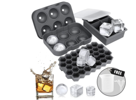 Ice Cube Silicone Tray 3 Pk Round Square &amp; Honeycomb Lids Measure Cup Funnel NEW - £17.15 GBP