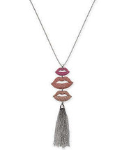 Thalia Sodi Silver-Tone Pave Lip and Chain Tassel 32 Pendant Necklace - £11.63 GBP