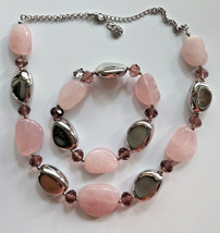 Signed Monet Pink Stone Purple Bead Silver Tone Bracelet and Necklace SKU31 - £39.95 GBP
