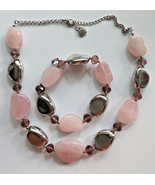 Signed Monet Pink Stone Purple Bead Silver Tone Bracelet and Necklace SKU31 - £39.32 GBP