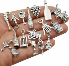 50 Wine Charms Themed Pendants Antiqued Silver Assorted Grape Country Findings - £12.56 GBP
