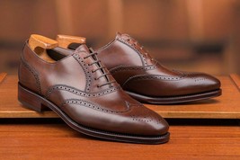 Brown Plain leather Handmade Men&#39;s Wingtip Lace up Shoes Custom shoes for men - £137.01 GBP