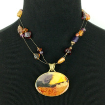 CHICO'S multistrand beaded necklace - earth-tone marbled oval pendant 17" - 21" - $20.00